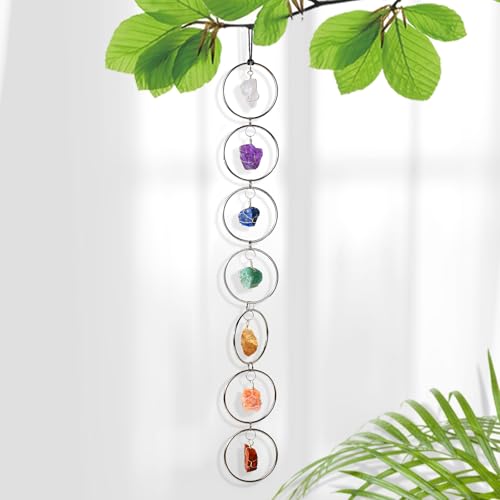 7 Chakra Wall Hanging Decor - Natural Raw Crystal Gemstone for Healing, Chakra Balancing, Meditation Gifts, Indoor Outdoor Spiritual Home Decoration (Silver Round) - color: Silver, size: Crystal Stone