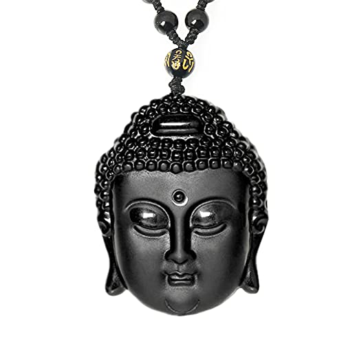 ASGIFT Black Obsidian Necklace Lucky Amulet Protection Pendant with Extended Bead Chain Healing Crystal Stone Talisman Necklaces Jewelry - color: Buddha Head