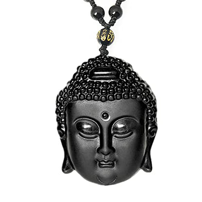 ASGIFT Black Obsidian Necklace Lucky Amulet Protection Pendant with Extended Bead Chain Healing Crystal Stone Talisman Necklaces Jewelry - color: Buddha Head