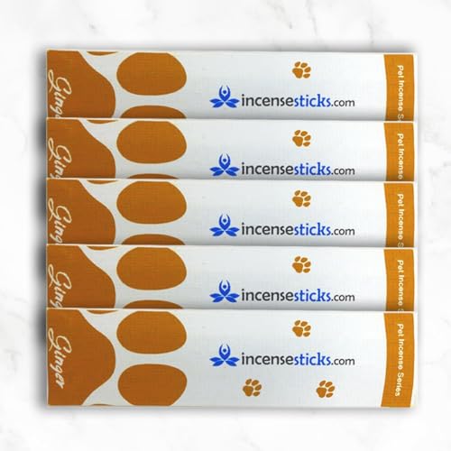 Pet Incense - Ginger Incense Sticks (4.5") – 5 Packs (10 Sticks Each) – Handcrafted Natural Blend of Ginger Oil, Herbs, and Aromatic Plant Parts for a Warm Fragrance – Pet-Friendly Atmosphere