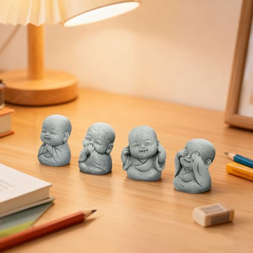 4Pcs Baby Buddha Statue Set, 2 Inch Mini Zen Monk, Sandstone Buddha for Desk Decor, Laughing Buddha for Good Luck, Car Dashboard, Home & Living Room Decor with Blessing Amulet