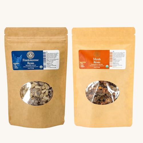 Aromatics International Myrrh & Frankincense Resin 4oz - Certified Organic Raw Chunks - Commiphora myrrha and Boswellia carterii – Incense, Meditation & Ritual Use - color: Myrrh + Frankincense, size: 4.00 Fl Oz (Pack of 1)