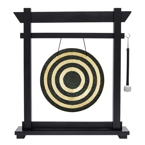 14" Gongs on Black Moksha Joe Stand - Includes Gong, Mallet, & Stand/Small Traditional Chinese Gong/Black Wood w/Matching Mallet/Easy to Assemble/Great for Small Spaces - size: 14" Solar Flare Gong