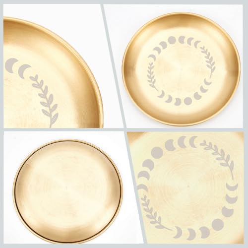 CREATCABIN Moon Phase Altar Ritual Plate Dish Stainless Steel Flat Bowl Golden Round Tarot Offering Bowl Dish Candle Trinket Holder Jewelry Tray for Incense Burner Dowsing Divination 5.55 Inch - style: Golden Moon Phase Leaf