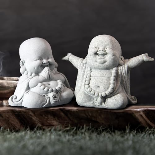 Buddha Sandstone Statues 2pcs, Laughing and Prayer Buddha Figurines Zen Monk Praying Statue Sculptures Ornament for Wealth Good Luck Garden Home Office Car Decor - color: Buddha