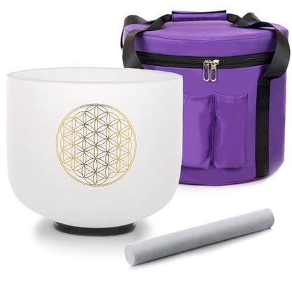 8" C Note 432HZ Flower of Life Crystal Singing Bowl Frosted Quartz Root Base Chakra Meditation Sound Healing with Durable Carrying Case Suede Striker O-ring - color: Life Flower, size: 8 inch