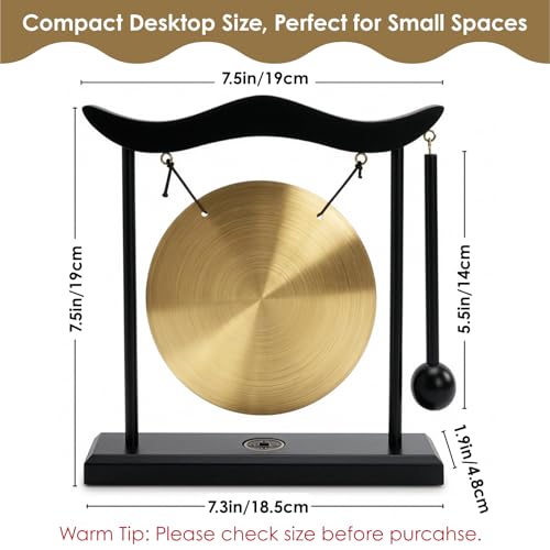 YOUEON Zen Table Gong with Wooden Frame and Mallet, Brass Desktop Meditation Gong Decor, Smooth Polished Copper Ornament for Home, Office, Yoga & Mindfulness Gift