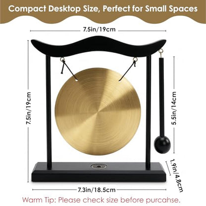YOUEON Zen Table Gong with Wooden Frame and Mallet, Brass Desktop Meditation Gong Decor, Smooth Polished Copper Ornament for Home, Office, Yoga & Mindfulness Gift