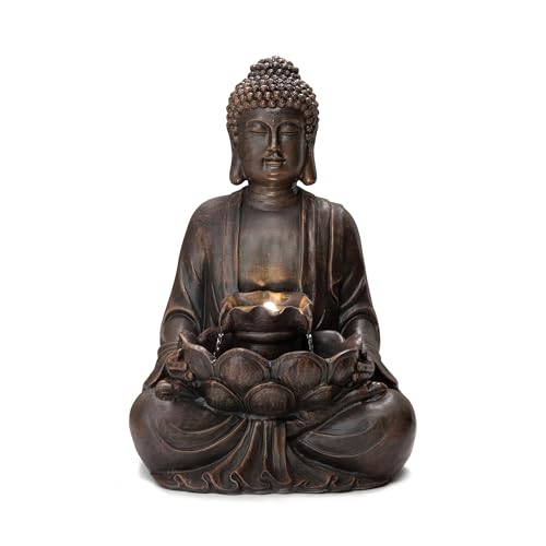 Glitzhome Buddha Fountain with Pump & LED Light, 2 Tier Zen Style Meditating Buddha Water Fountain Outdoor Fountains and Waterfalls Outdoor Buddha Statues for Garden Patio Backyard 28.25" H - color: Bronze Buddha W/Lotus Leaf&flower Basins, size: 28.25"H