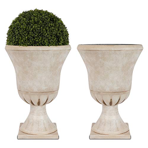 Worth Garden Plastic Urn Planters for Outdoor Plants, Tree 22'' Tall 2 Pack Round Classic Resin Flower Pots Indoor Beige Traditional Front Porch 15 in Dia. Large Imitation Stone Decorative Patio Deck - color: Beige