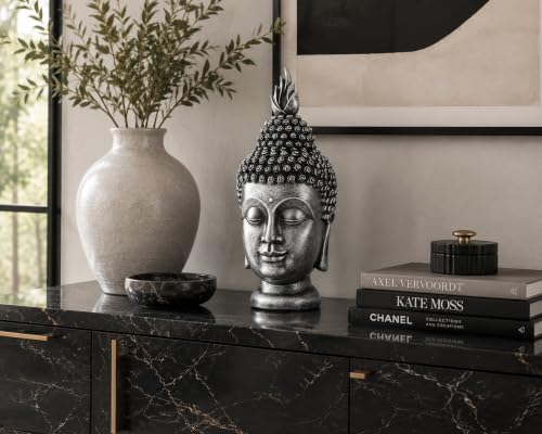 11 Inch Metallic Silver Buddha Head Statue - color: Metallic Silver