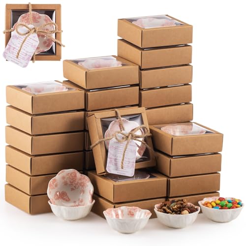 Teenyyou 30 Sets Wedding Favors for Guests Small Ceramic Bowls Bulk Gifts Set 3.3 Inch Pink Floral Design Mini Dipping Bowl Sauce Dish with Cards Box for Party Bridal Shower Favor Souvenir - color: Pink, size: Classic