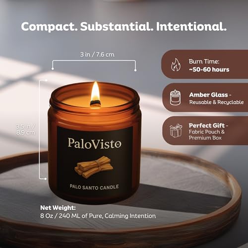 Palo Santo | Natural Coconut Wax Candle | Authentic Peruvian Palo Santo | Paraffin-Free | Crackling Wood | Handcrafted Gift | Luxury Aromatherapy for Home & Wellness | 8 oz | 60-Hour Burn