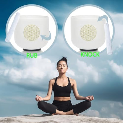8" C Note 432HZ Flower of Life Crystal Singing Bowl Frosted Quartz Root Base Chakra Meditation Sound Healing with Durable Carrying Case Suede Striker O-ring - color: Life Flower, size: 8 inch