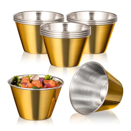 Fit Meal Prep 12 Pack 4 oz Gold Stainless Steel Dipping Sauce Cups, Reusable Metal Ramekins, Commercial Grade Condiment Bowls, Individual Portion Cups, Small Round Au Jus Cup for Home, Restaurant - size: 4 oz