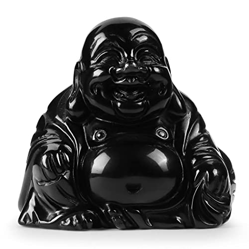 Artistone Black Obsidian Crystal Happy Buddha Statue 2 Inch Hand Carved Gemstone Sitting Maitreya Laughing Buddha Figurine Pocket Healing Stone for Home DecorPocket Stone Home Decoration - color: Green Aventurine