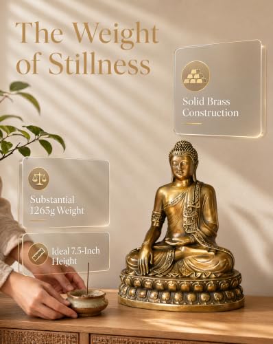 Buddha Statue Brass Buddha 7.5" 2.6lb for Indoor Altar and Meditation