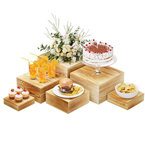 Wooden Display Risers,6PCS Jewelry and Accessories Risers for Jewelry Figurine 5in to 10in For Buffet Party Rustic Wood Cake & Cupcake Stands& Decor (Burning, 5IN to 10IN) - color: Burning