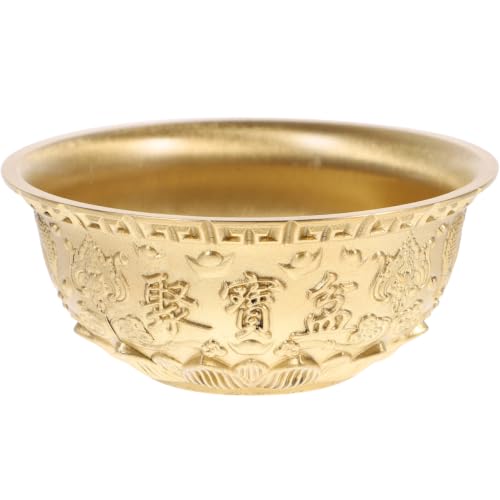 Feng Shui Treasure Bowl Ornament, Golden Brass 4.60x4.60 Inch Offering Bowl, Desktop Cornucopia Decor Wealth Prosperity Symbol Shop Display