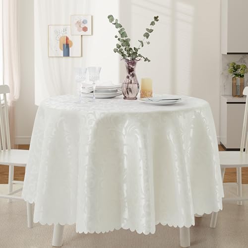 Wave Damask White Satin Round Tablecloth 60"X60"，Round Tablecloth Stain Resistant Wrinkle Free Silkly Soft Table Cloths for Dining Room, Indoor and Outdoor Use - color: White, size: 60" (Round)