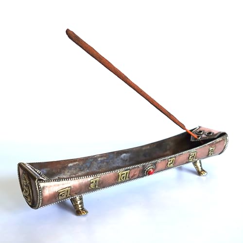 Traditional Handmade Incense Holder for Sticks and Cones | 100% Pure Copper & Brass Incense Burner | Buddhha & Buddhist Text | Stand Holds 6 Sticks & 6 Cones | Effective Ash Catcher