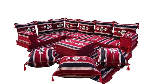 arabicsofa Traditional L Shaped Floor Cushions – Modular Majlis Seating with Washable Covers - color: Burgundy, size: 4'' Thickness Sofa, style: L Sofa Full Set