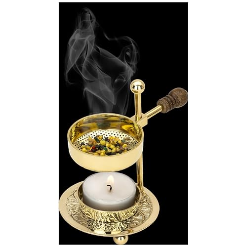Handcrafted Adjustable Resin Incense Burner in Golden Brass with Wooden Handle – Premium Quality Incense Holder with Tealight (4.33 inch) for Aromatherapy and Unique Smoking Experience - color: Gold Wooden Handle