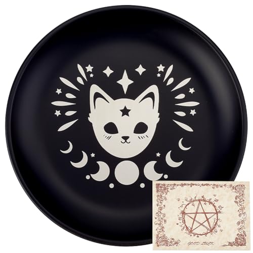 CREATCABIN Cat Prayer Ritual Plate Stainless Steel Offering Bowl Flat Round Tray Prayer Offering Bowl Candle Holder with Divination Card Jewelry Dish for Smudging Incense Burner Meditation 5.55Inch - style: Cat
