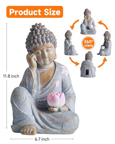 Buddha Statue Outdoor with Lotus Flower Light, IP65 Waterproof Solar Statue Lights, Outdoor Statues for Garden, Zen Decor for Garden, Home, Patio, Lawn