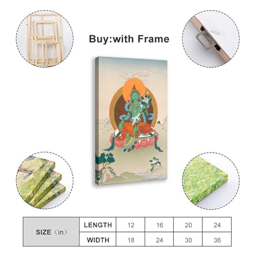 Mother Goddess Green Tara Tibetan Thangka (3) Canvas Poster Wall Art Prints Room Aesthetic Murals Bedroom And Living Decorations Frame 16x24inch - size: Frame 16x24inch