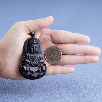 ASGIFT Black Obsidian Necklace Lucky Amulet Protection Pendant with Extended Bead Chain Healing Crystal Stone Talisman Necklaces Jewelry - color: GuanYin