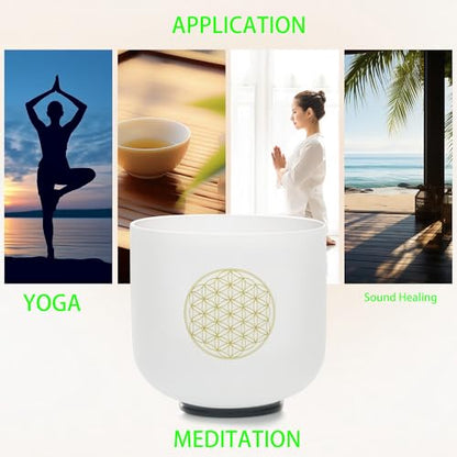 8" C Note 432HZ Flower of Life Crystal Singing Bowl Frosted Quartz Root Base Chakra Meditation Sound Healing with Durable Carrying Case Suede Striker O-ring - color: Life Flower, size: 8 inch