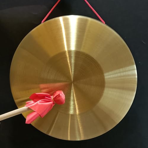 Gong Instrument with 14.2 inch(36cm), Chinese Traditional Percussion Instrument Brass Gong with Wooden Mallet and Red Ribbon for Home Office Celebration - color: Gold-14.2inch