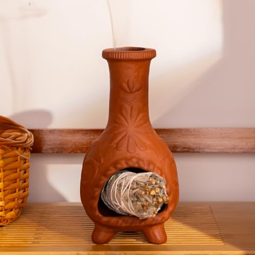 Handmade Palo Santo & Sage Burning Dish, Mini Floral Chiminea Smudge Bowl - color: Terracotta -Flower Palo Santo Holder