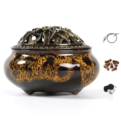 Incense Burner with Calabash Incense Stick Holder - Porcelain Charcoal Censer for Use with Resin Granular Powder Cone or Coil Incense (Fambe Yellow) - color: Fambe Yellow