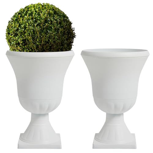 Worth Garden 2-Pack Urn Plastic Planters - 15.5" x 22" Tall Round Classic Flower Pots Pure White Traditional Large Roman Plant Pots for Front Porch Patio Deck Wedding Decoration Pot - Indoor & Outdoor - color: White