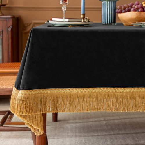 F-CHU Black Velvet Tablecloth,120 Inch Rectangular Table Cover, Retro Plush Velvet with Elegant Gold Tassel Trim, Vintage Decor for Dining Table, Banquet & Holiday Party 60x120-Inch - color: Black, size: 120" x 60" (Rectangular)