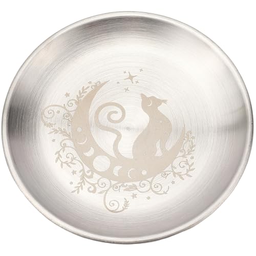 CREATCABIN Cat Moon Altar Ritual Plate Dish Stainless Steel Flat Bowl Round Silvery Tray Offering Bowl Dish Holder for Smudging Incense Burner Jewelry Dowsing Divination 5.55Inch - style: Cat Moon