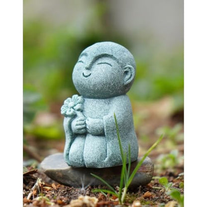 OwMell Japanese Jizo Monk Buddha Statue Figurine Aquarium Garden Decor - color: Flower Stone