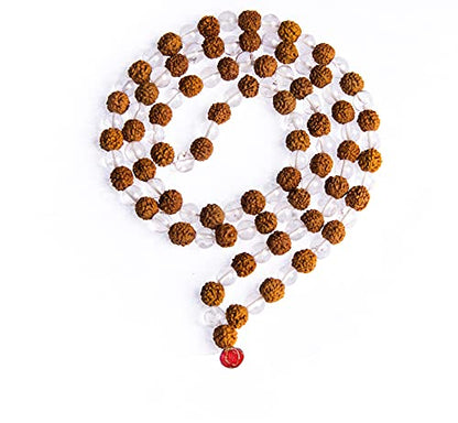 Wonder Care Certified Rudraksha Mala 5face(Panchmukhi) Authentic Genuine Rudraksha Beads Ornament Rosary Japa Mala Beads Necklace Puja | Prayer Beads | Meditation Beads - color: Clear Quartz 8mm Bead