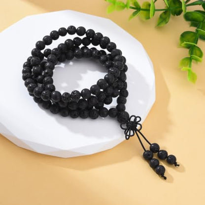 108 Mala Beads Stretch Bracelet 6mm Natural Gemstone Prayer Beaded Necklace - color: Black Lava