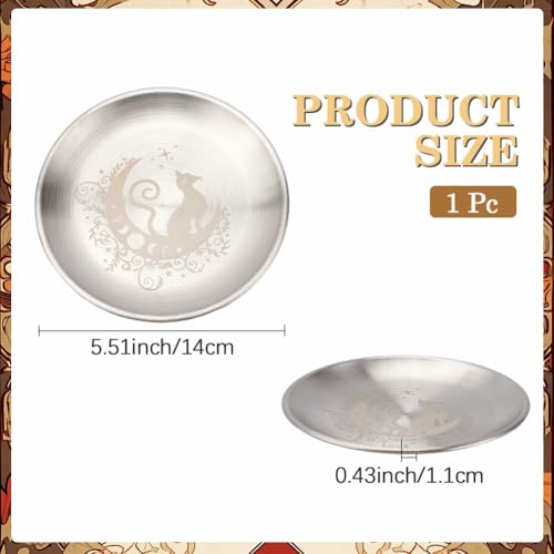 CREATCABIN Cat Moon Altar Ritual Plate Dish Stainless Steel Flat Bowl Round Silvery Tray Offering Bowl Dish Holder for Smudging Incense Burner Jewelry Dowsing Divination 5.55Inch - style: Cat Moon