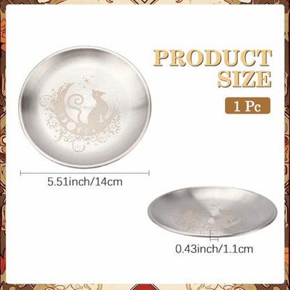 CREATCABIN Cat Moon Altar Ritual Plate Dish Stainless Steel Flat Bowl Round Silvery Tray Offering Bowl Dish Holder for Smudging Incense Burner Jewelry Dowsing Divination 5.55Inch - style: Cat Moon