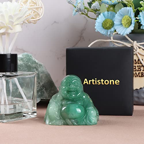 Artistone 2 inch Laughing Buddha Statue, Healing Crystal Hand-Carved Gemstone Religion Sitting Happy Buddha Figurine Statue Pocket Stone Home Decoration (Green Aventurine) - color: Obsidian