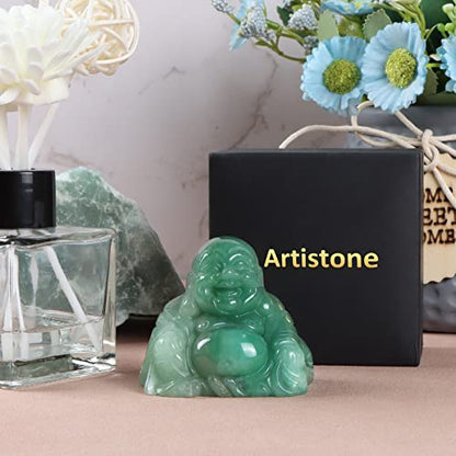 Artistone 2 inch Laughing Buddha Statue, Healing Crystal Hand-Carved Gemstone Religion Sitting Happy Buddha Figurine Statue Pocket Stone Home Decoration (Green Aventurine) - color: Obsidian