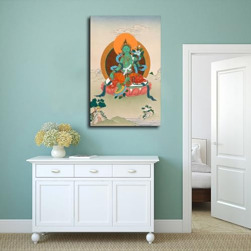 Mother Goddess Green Tara Tibetan Thangka (3) Canvas Poster Wall Art Prints Room Aesthetic Murals Bedroom And Living Decorations Frame 16x24inch - size: Frame 16x24inch
