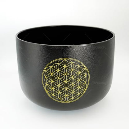 Set of 3 Singing Bowls Life of Flower Black 8-12 inch 8"G 10"E 12"C Frosted Chakra Quartz Crystal Sound Healing Bowls with 1 Mallet Suede 1 Striker 3 O-rings - size: 8"G 10"E 12"C