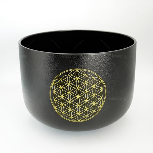 8"B 10"F 12"C Set of 3 Life of Flower Black Singing Bowls Frosted Chakra Quartz Sound Healing Crystal with 1 Mallet Suede 1 Striker 3 O-rings - size: 8"B 10"F 12"C