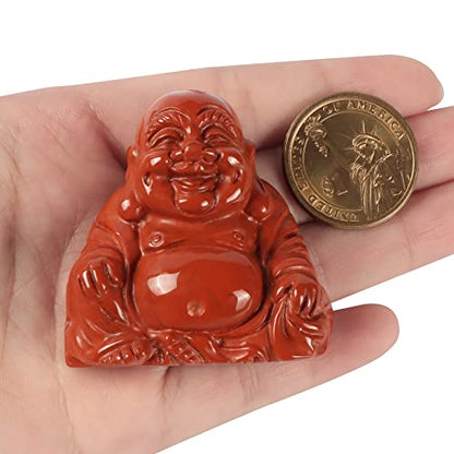 Artistone Red Jasper Crystal Smiling Happy Buddha Statue, 2.0 inch Carved Maitreya Laughing Buddha Figurine Healing Crystal Gemstone Lucky Stone Home Decoration - color: Red Jasper