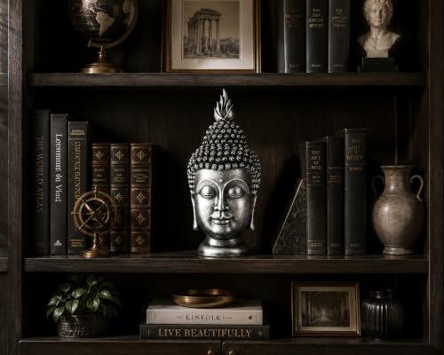 11 Inch Metallic Silver Buddha Head Statue - color: Metallic Silver